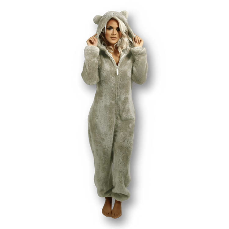 Combinaison pyjama femme uni oreilles d’ourson beige